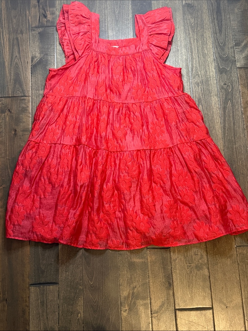 Entro Bright Orange Red Floral Textured Tiered Flutter Sleeve Dress XL - Picture 5 of 5